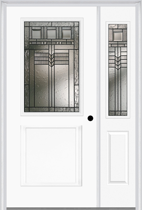 MMI 1/2 Lite 1 Panel 6'8" Fiberglass Smooth Oak Park Patina Exterior Prehung Door With 1 Half Lite Oak Park Patina Decorative Glass Sidelight 682